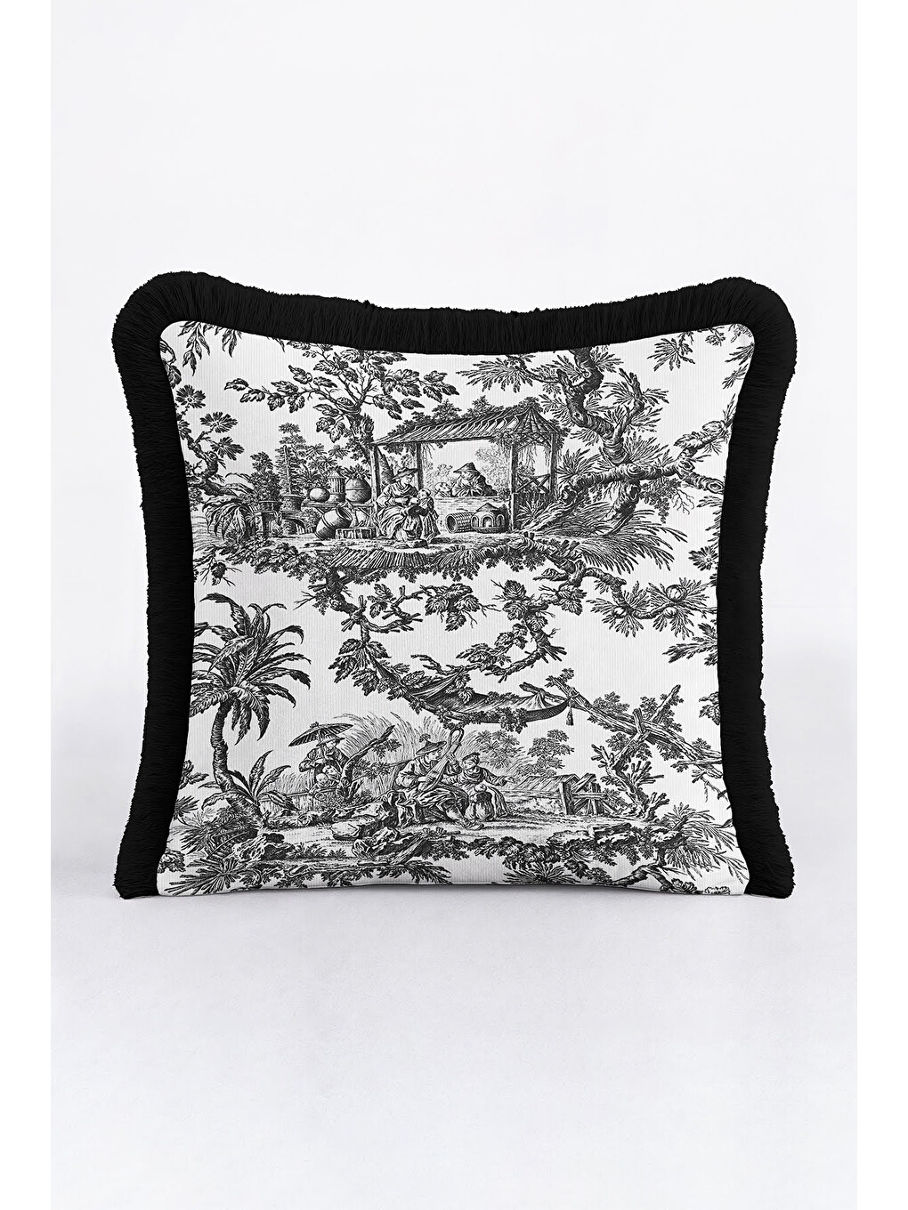 Karışık Toile Illustration Saçaklı Yastık Kılıfı - Fransız Vintage Country Siyah Püsküllü Kırlent Kılıfı-4