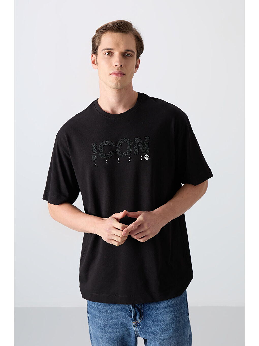 Siyah Pamuklu Kalın Yumuşak Dokulu Oversize Fit Baskılı Erkek Tişört - 88331-3