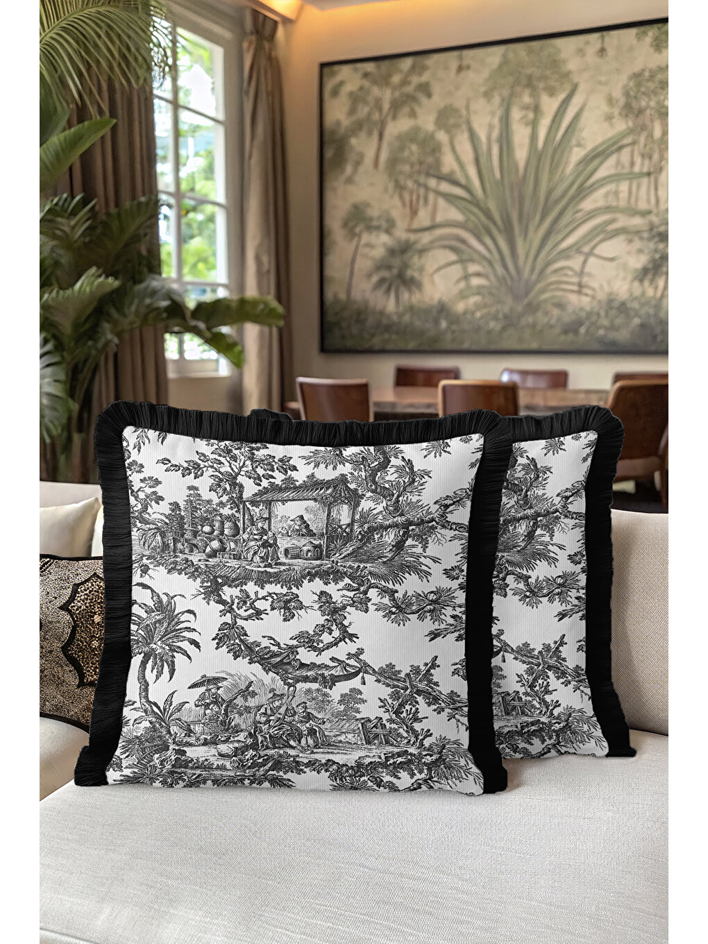 Karışık Toile Illustration Saçaklı Yastık Kılıfı - Fransız Vintage Country Siyah Püsküllü Kırlent Kılıfı-5