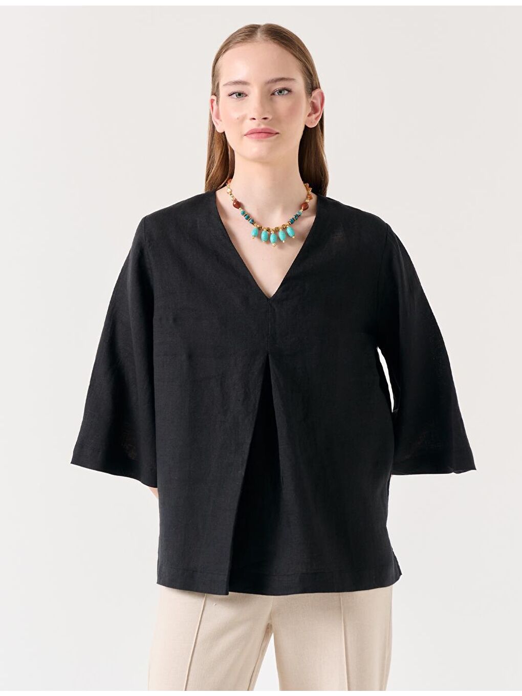 Siyah V Yaka Truvakar Kol Keten Bluz-1