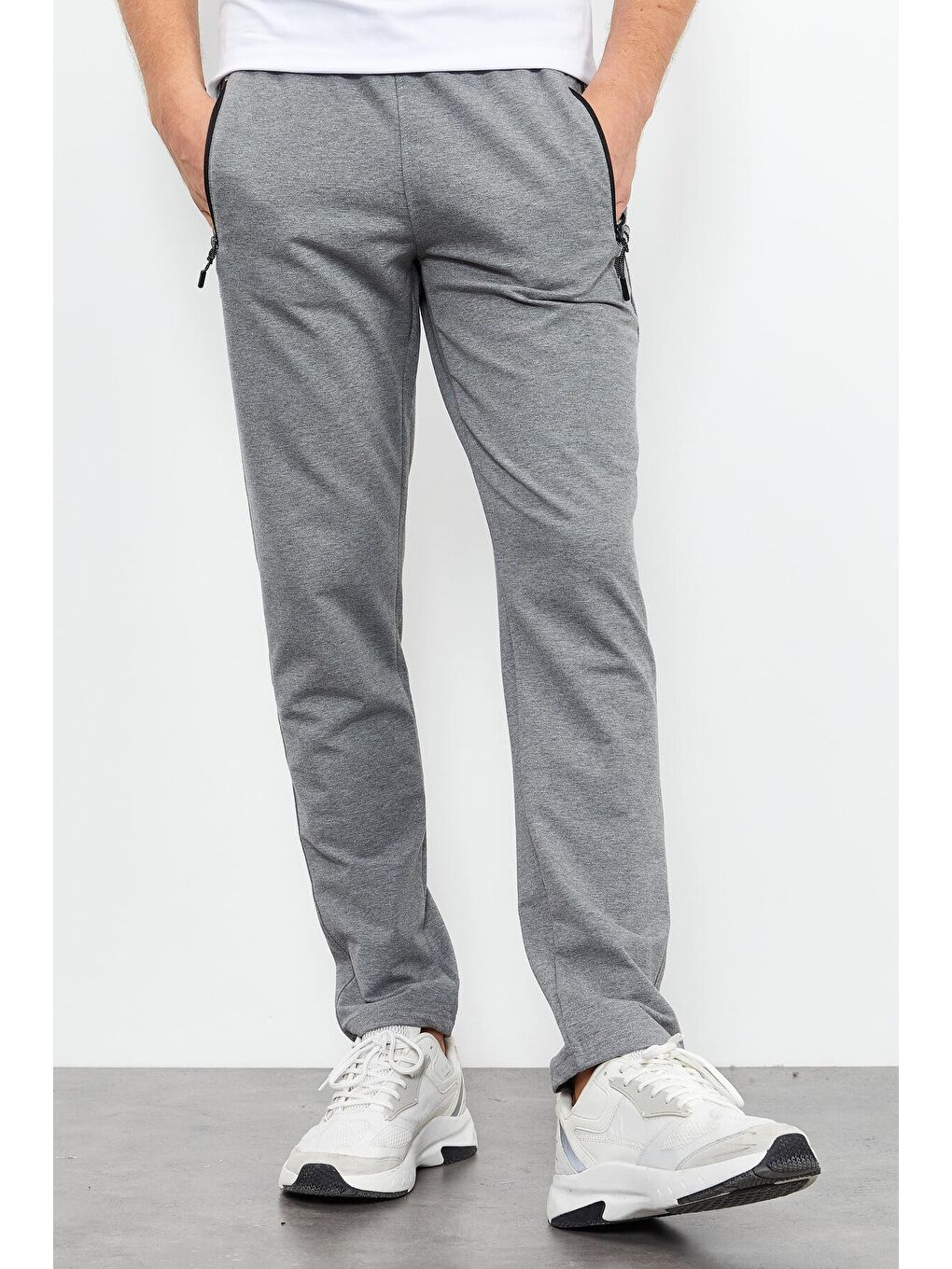 Gri Melanj Fermuar Cepli Yazı Detaylı Standart Kalıp Klasik Paça Erkek Eşofman Alt - 84744-3