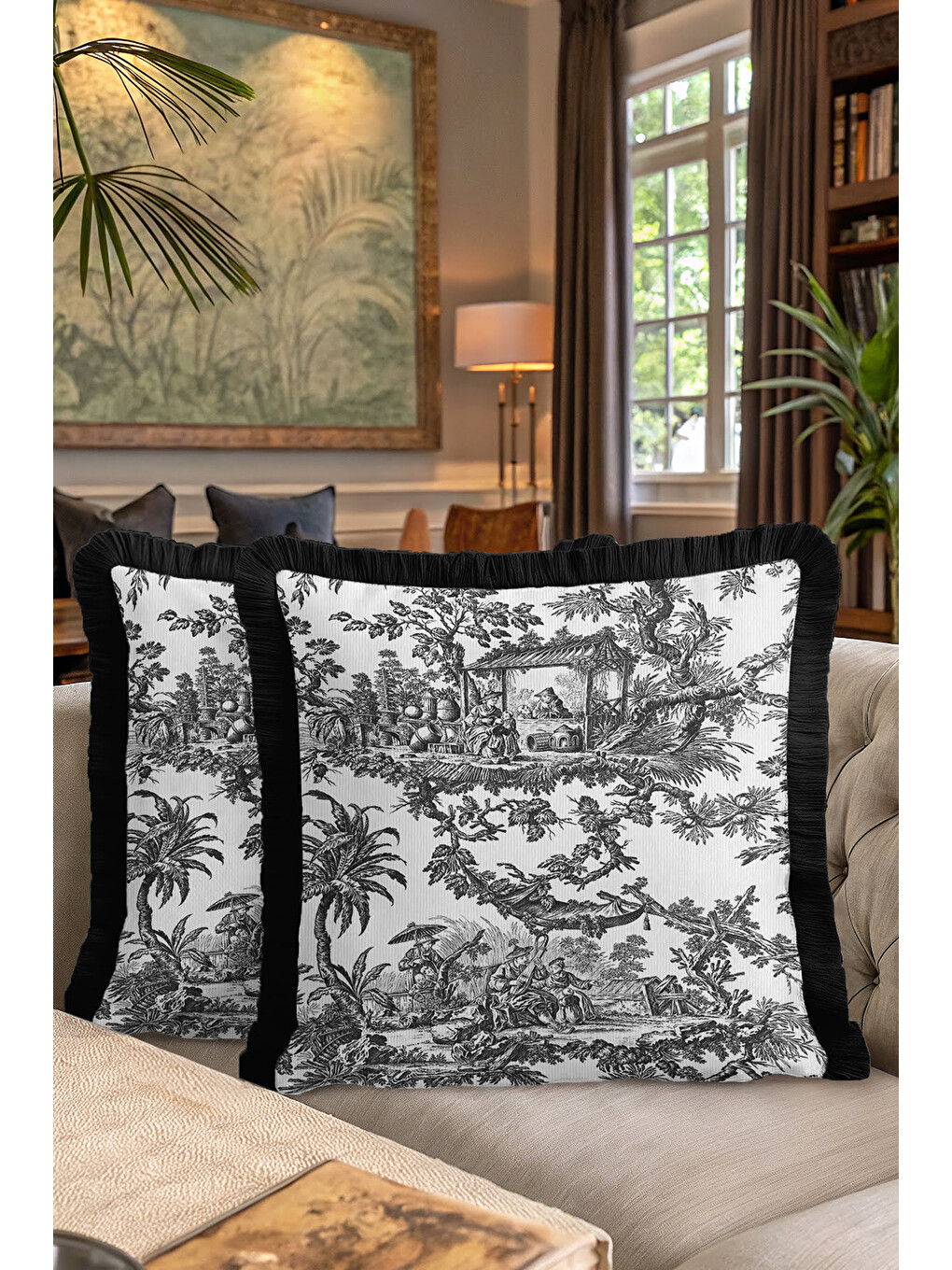 Karışık Toile Illustration Saçaklı Yastık Kılıfı - Fransız Vintage Country Siyah Püsküllü Kırlent Kılıfı-7