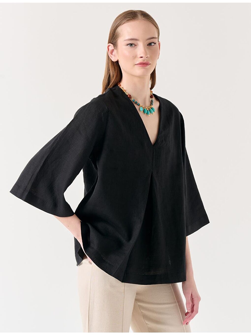 Siyah V Yaka Truvakar Kol Keten Bluz-2