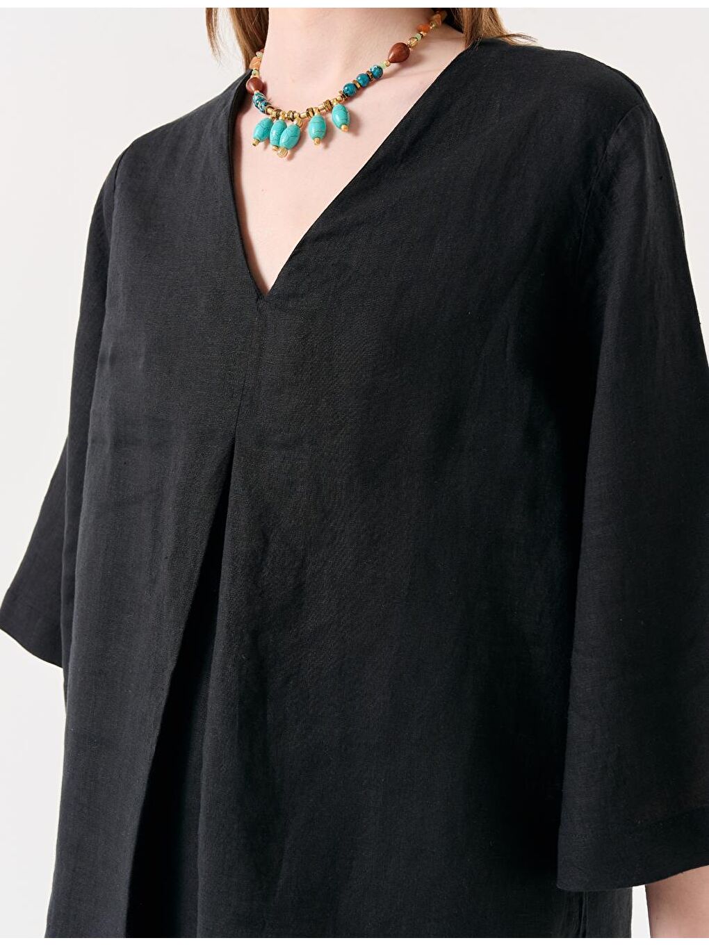 Siyah V Yaka Truvakar Kol Keten Bluz-3