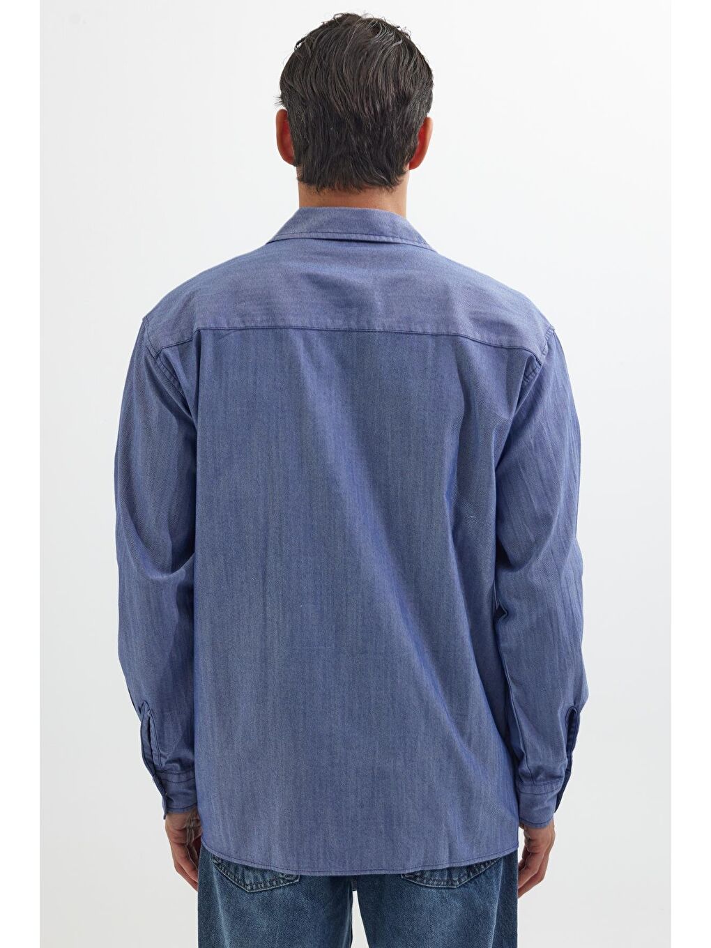 Relax Fit Uzun Kollu Denim Jean Parça Boyalı Çift Cep Fermuarlı Mavi Gömlek-6