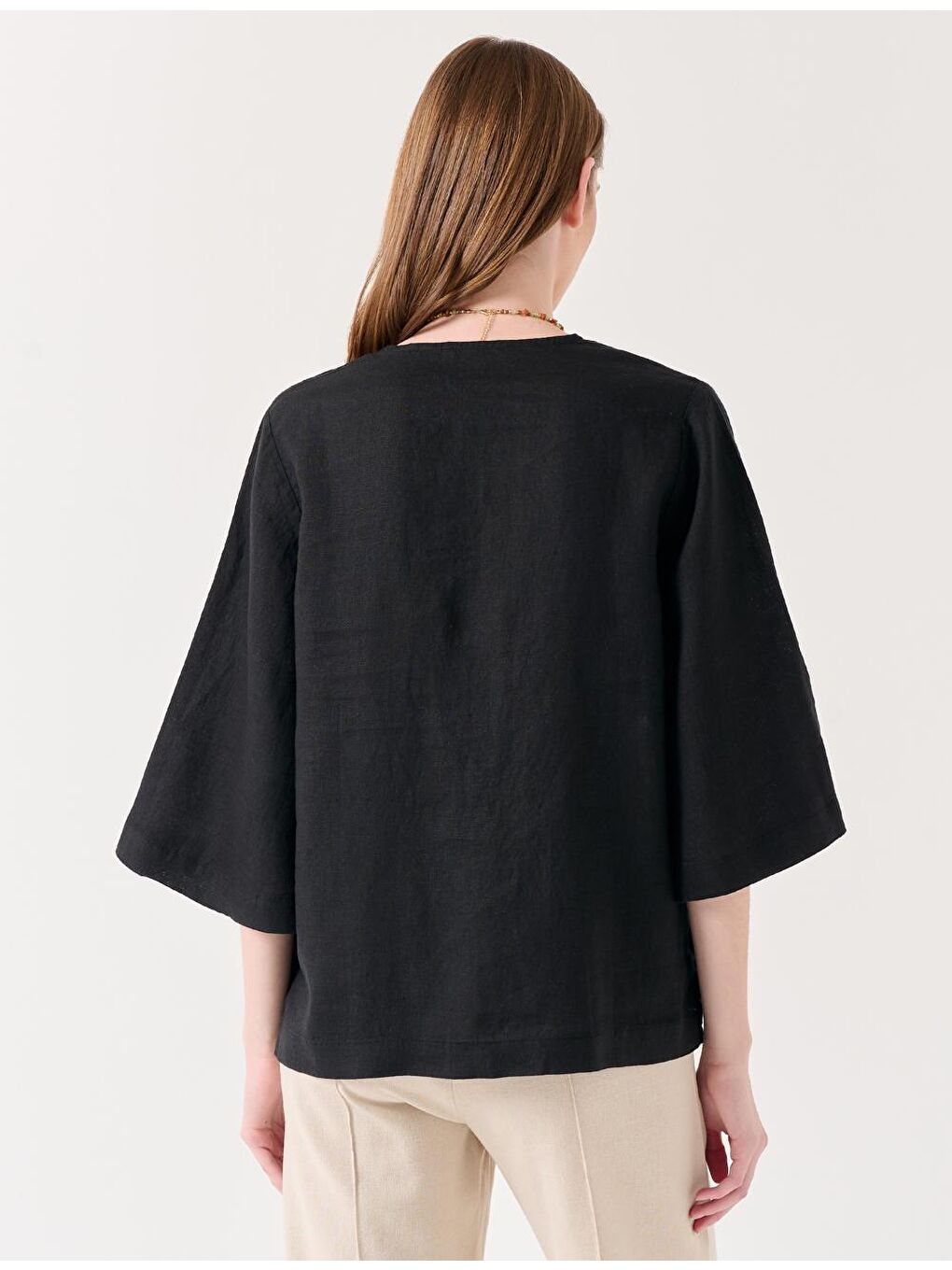 Siyah V Yaka Truvakar Kol Keten Bluz-4