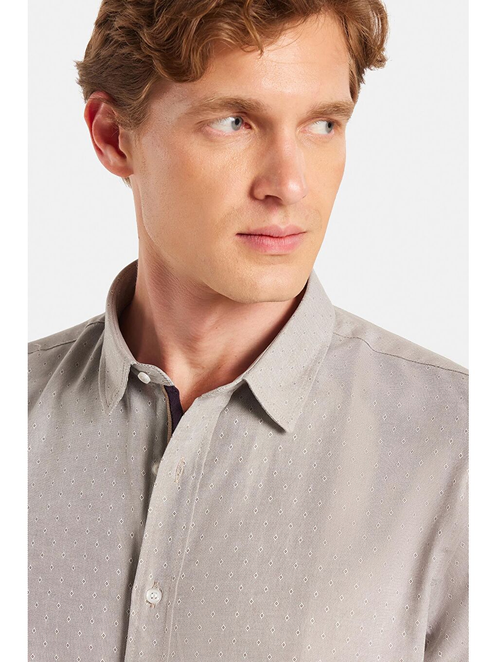 Ekru Slim Fit Uzun Kollu Oxford Doku Armürlü Biyeli Erkek Krem Gömlek-1