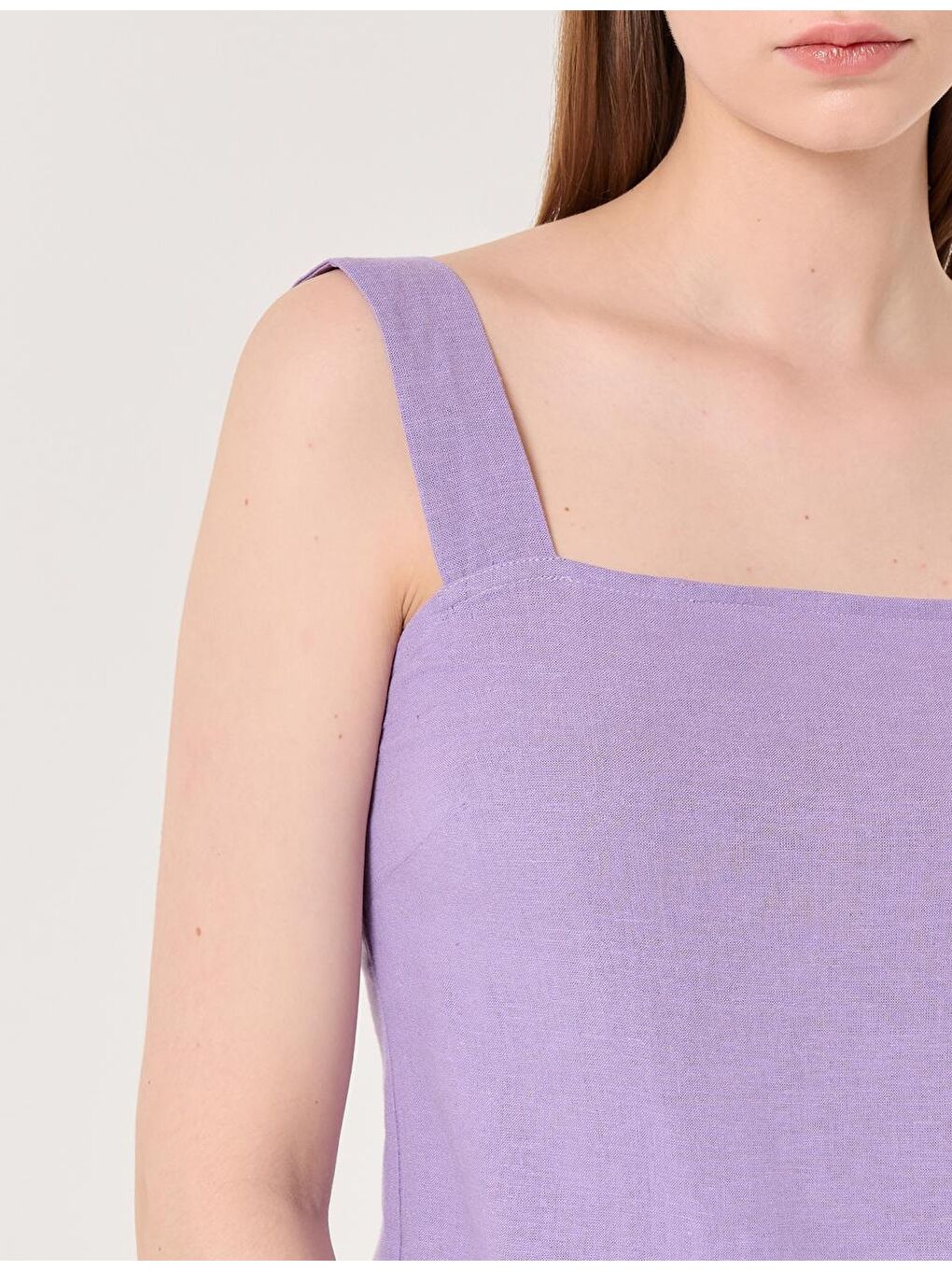 Lila Kolsuz Kare Yaka Keten Bluz-1