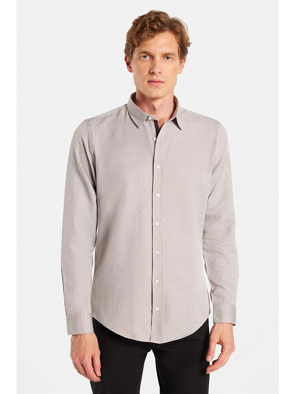 Ekru Slim Fit Uzun Kollu Oxford Doku Armürlü Biyeli Erkek Krem Gömlek-3