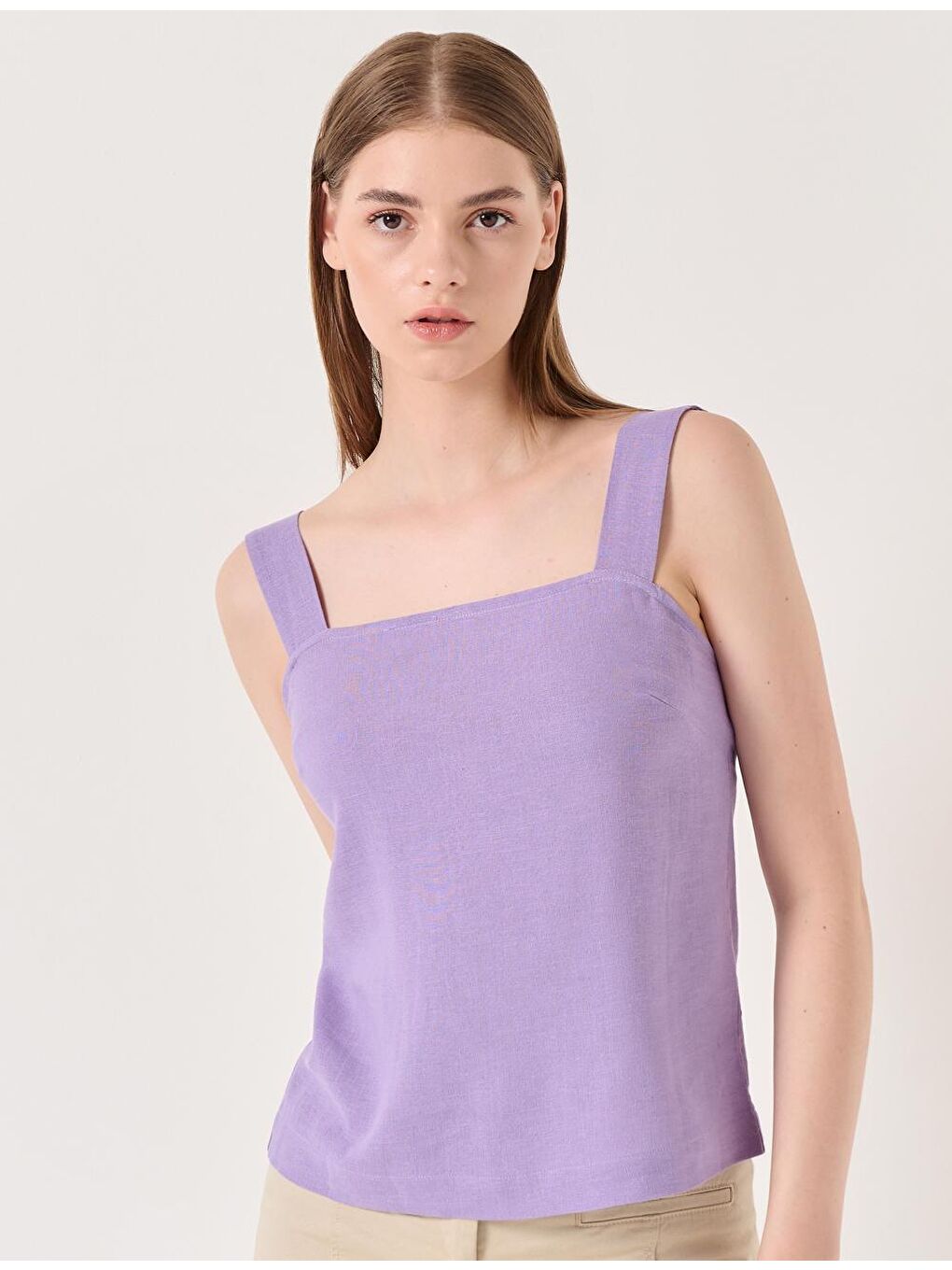 Lila Kolsuz Kare Yaka Keten Bluz