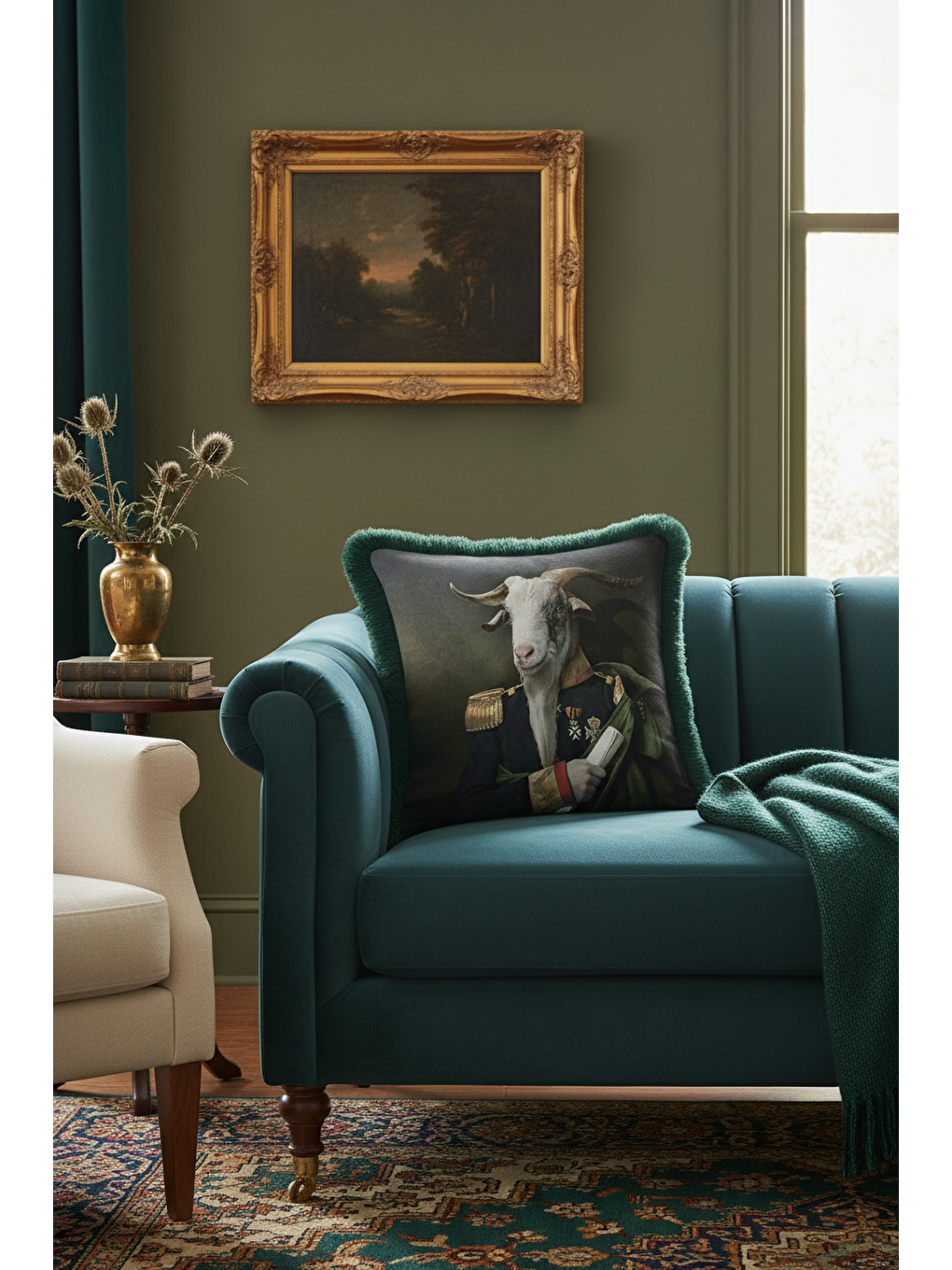 Karışık Asil Portre Saçaklı Yastık Kılıfı - Vintage General Temalı Koyu Yeşil Püsküllü Kırlent Kılıfı-1