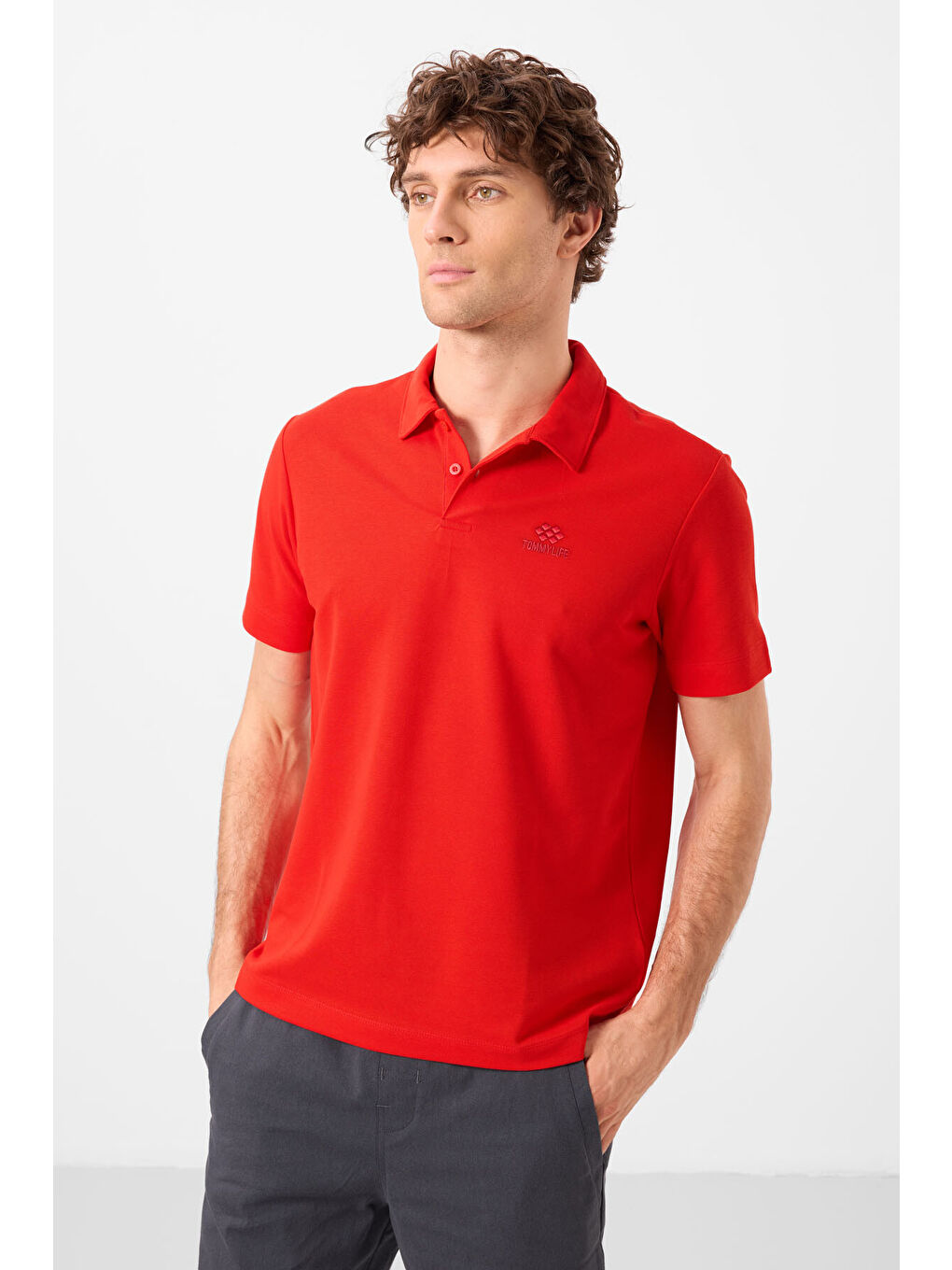 Kırmızı Basic Logolu Standart Kalıp Triko Polo Yaka Erkek Tişört - 87748-2