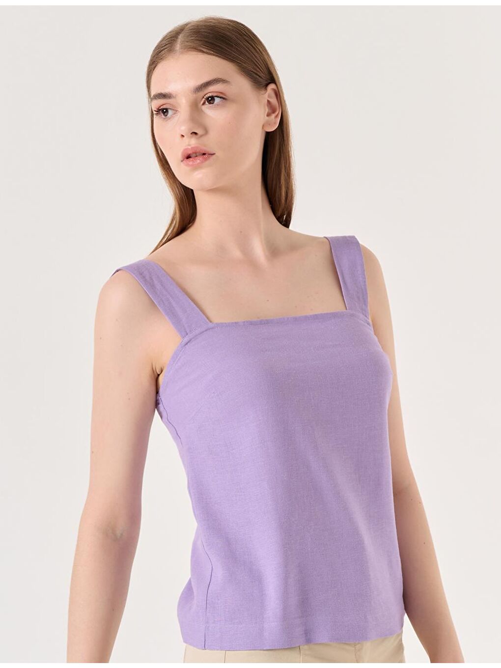 Lila Kolsuz Kare Yaka Keten Bluz-3