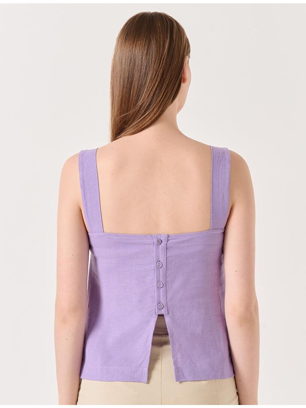 Lila Kolsuz Kare Yaka Keten Bluz-4