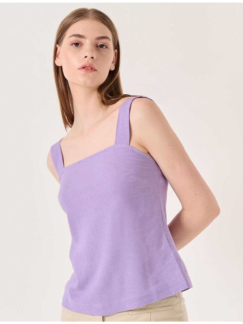 Lila Kolsuz Kare Yaka Keten Bluz-2