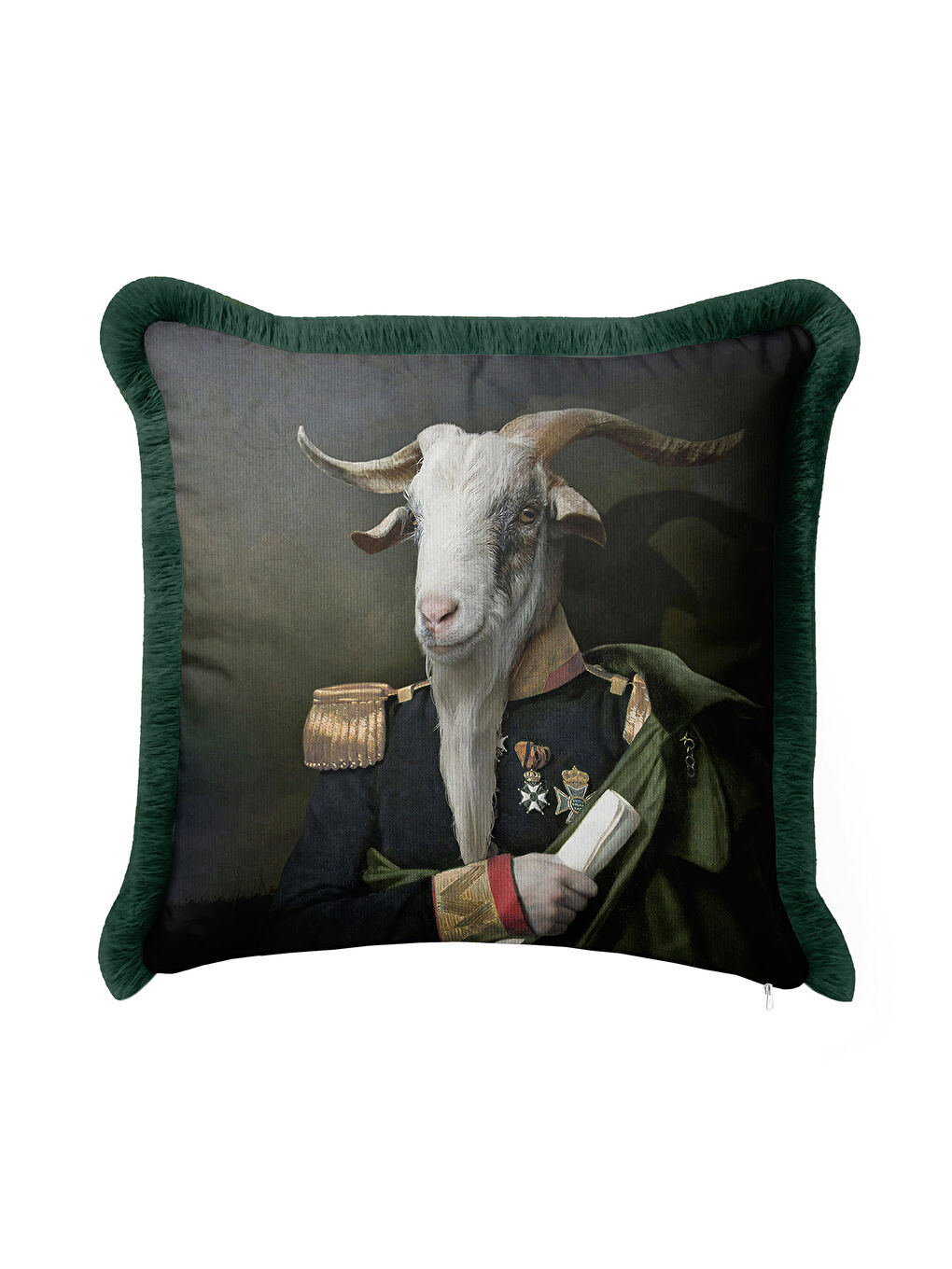 Karışık Asil Portre Saçaklı Yastık Kılıfı - Vintage General Temalı Koyu Yeşil Püsküllü Kırlent Kılıfı-2