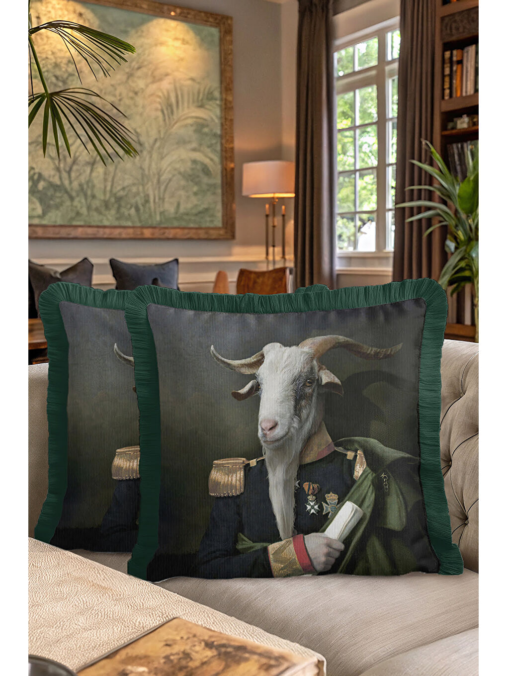 Karışık Asil Portre Saçaklı Yastık Kılıfı - Vintage General Temalı Koyu Yeşil Püsküllü Kırlent Kılıfı-7