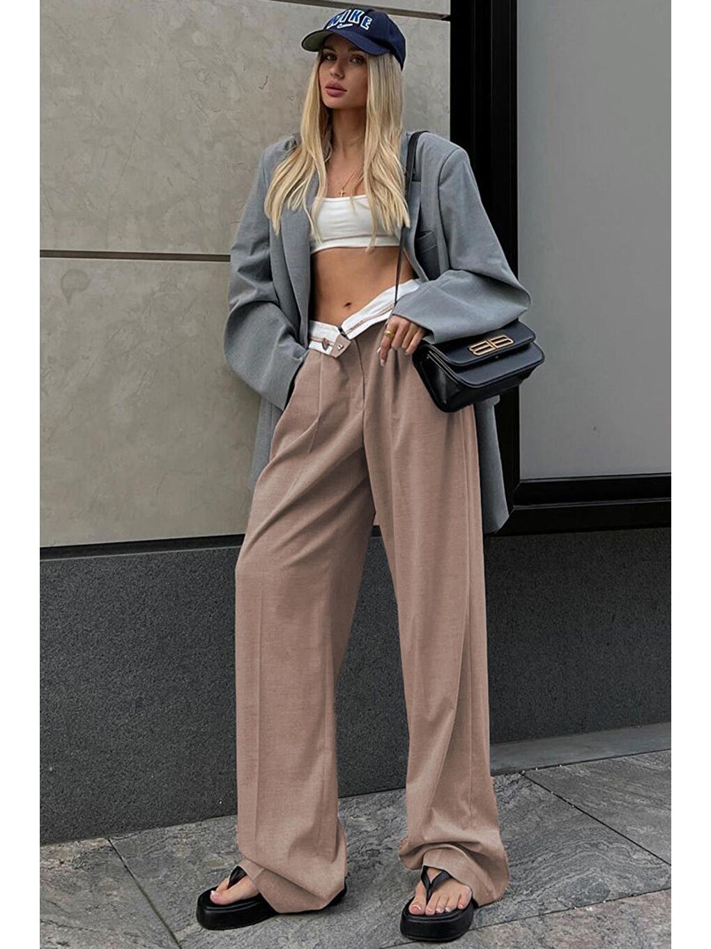 Bej Vizon Kemer Detaylı Bol Paça Pantolon Mg1834
