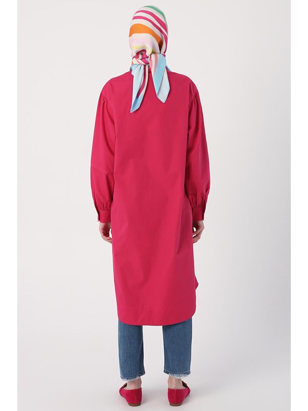 ALLDAY Koyu Pembe Oversize %100 Pamuk Büyük Cepli Eteği Oval Kesim Uzun Tunik - 3