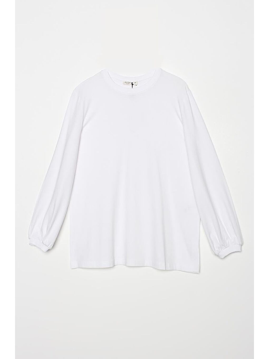 Beyaz-Bisiklet Yaka Kol Ucu Büzgülü Elastanlı Pamuklu Bluz-6