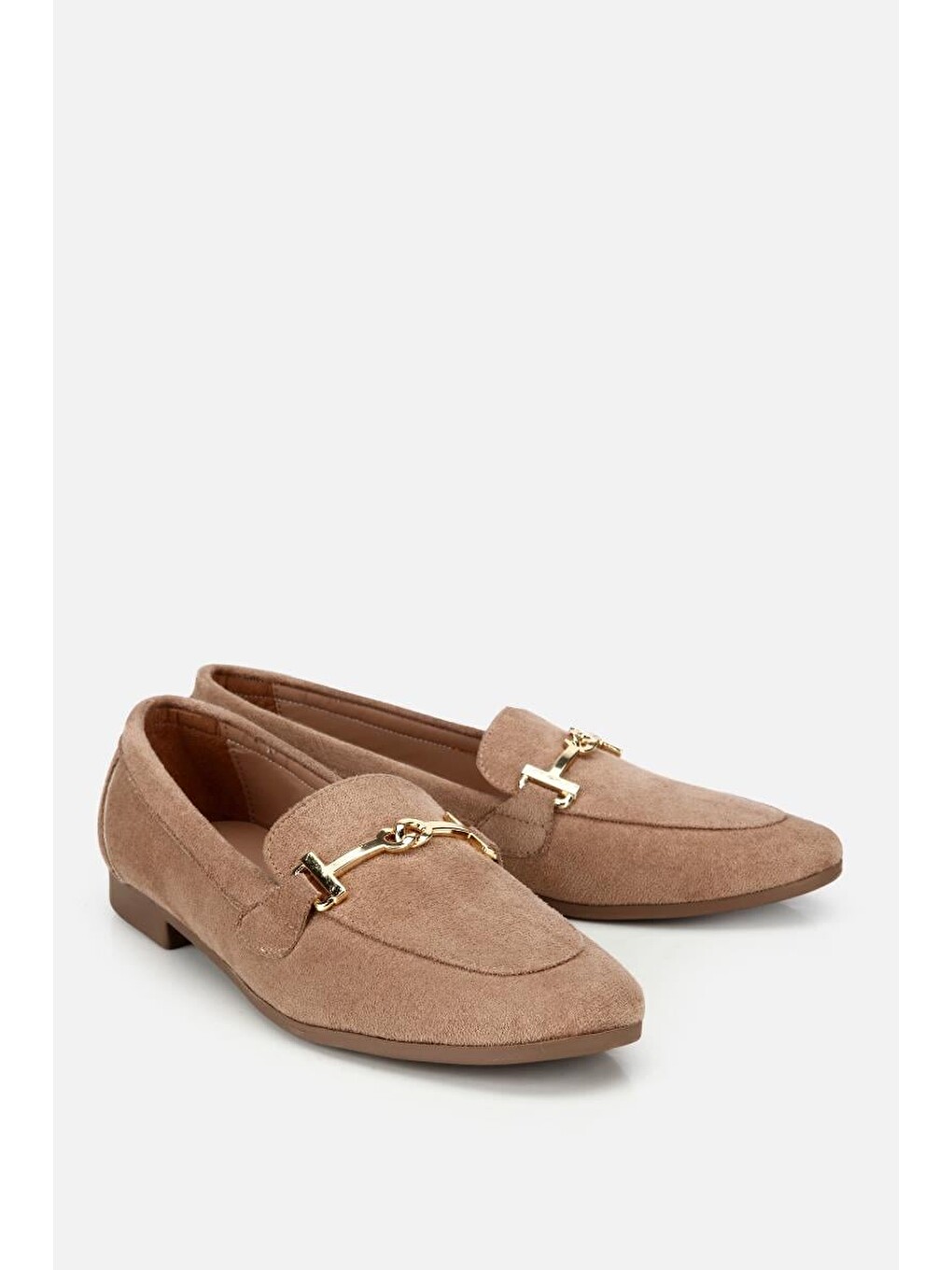 Bej Kadın Vizon Süet Gold Tokalı Loafer-1