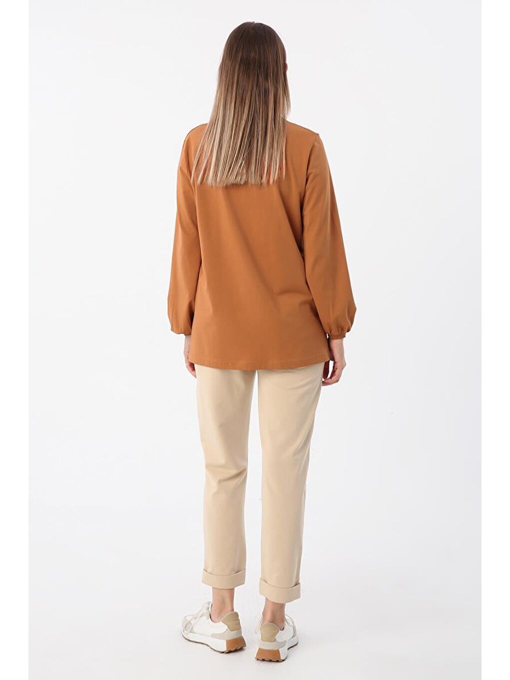 Kahverengi Tarçın-Bisiklet Yaka Kol Ucu Büzgülü Elastanlı Pamuklu Bluz-3