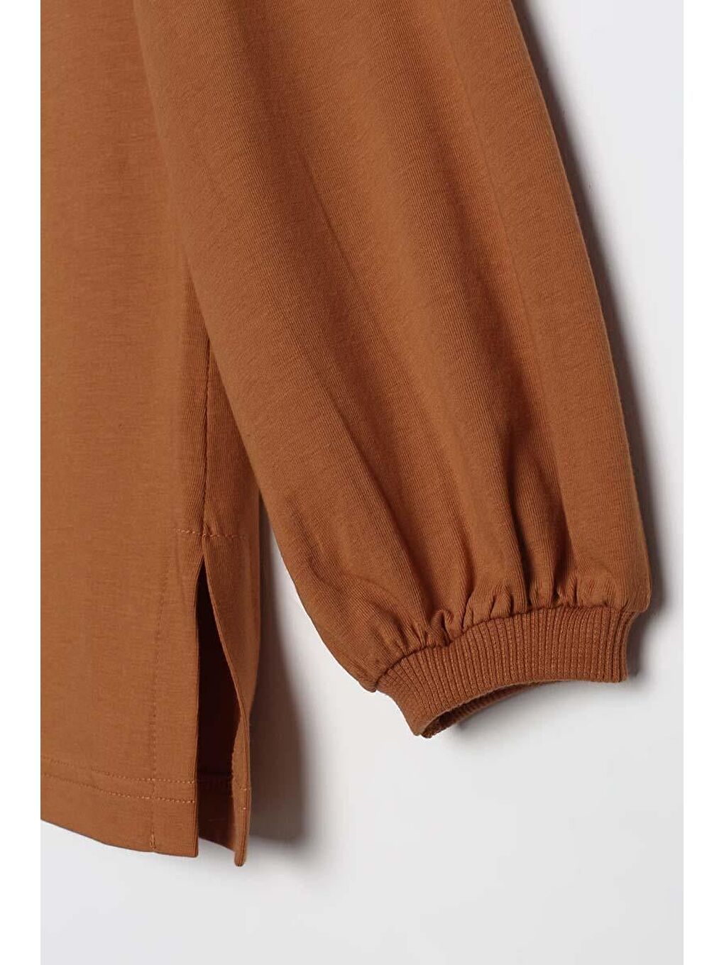 Kahverengi Tarçın-Bisiklet Yaka Kol Ucu Büzgülü Elastanlı Pamuklu Bluz-4