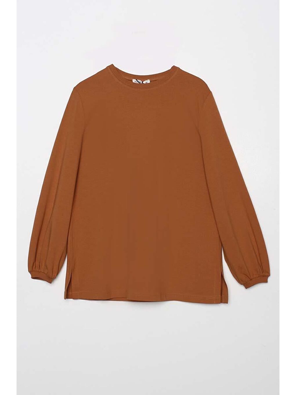 Kahverengi Tarçın-Bisiklet Yaka Kol Ucu Büzgülü Elastanlı Pamuklu Bluz-5