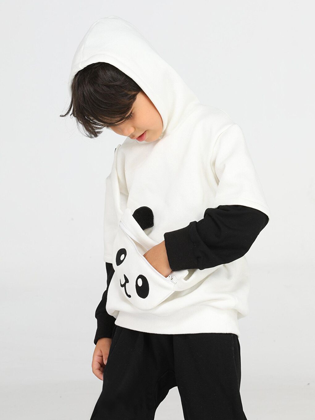 Casabony Krem Panda Unisex Mobil Çantalı Krem Sweatshirt - 1