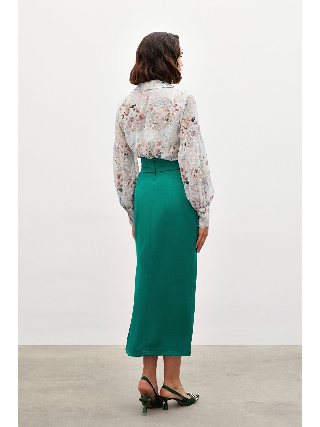 Yeşil Bel Pile Detaylı Saten Etek - Zümrüt-7