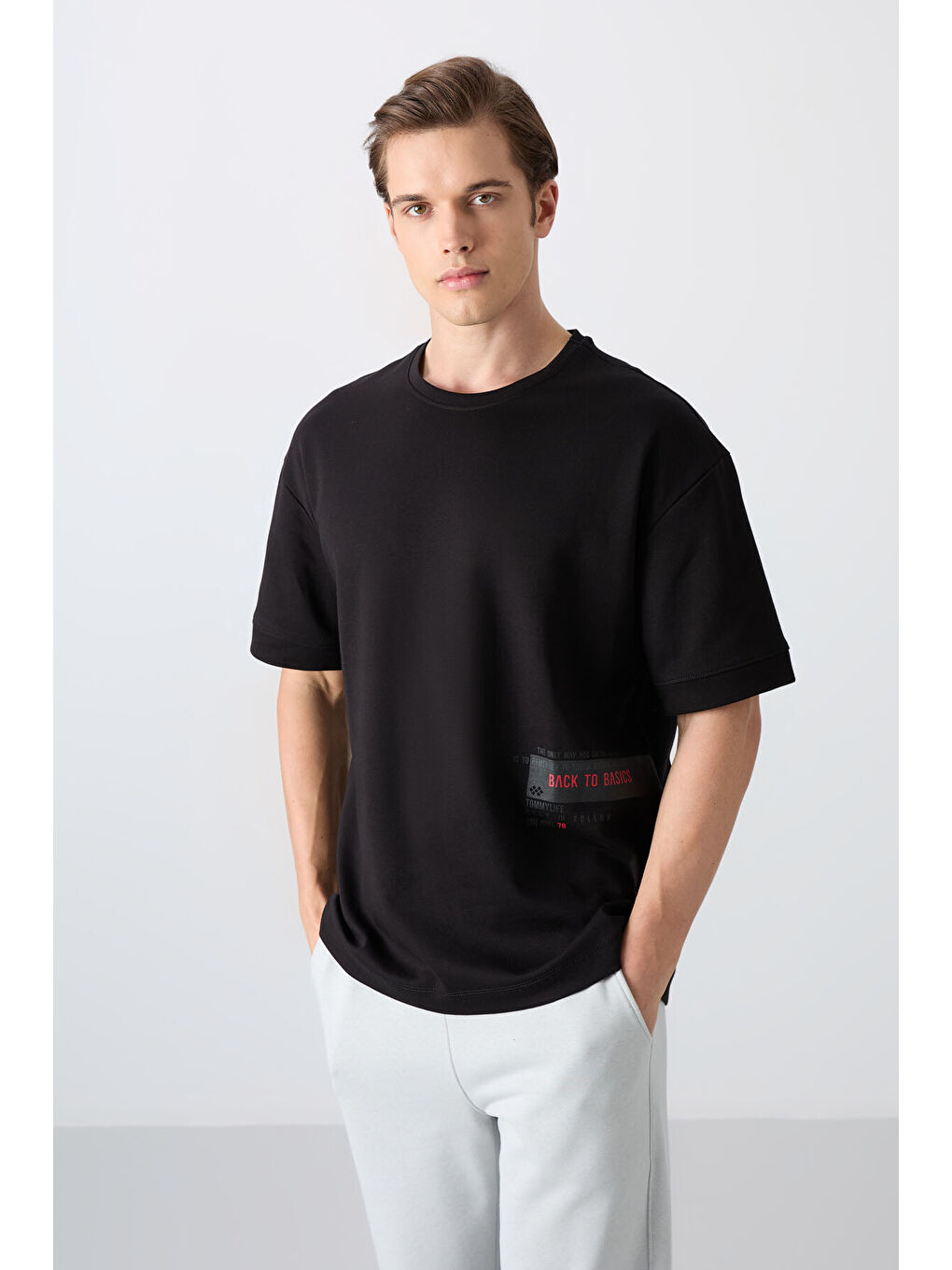 Siyah Pamuklu Kalın Yumuşak Dokulu Oversize Fit Baskılı Erkek Tişört - 88322