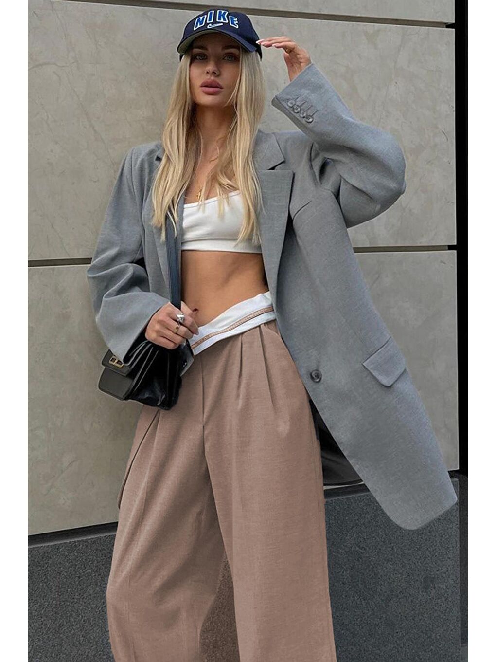 Bej Vizon Kemer Detaylı Bol Paça Pantolon Mg1834-3