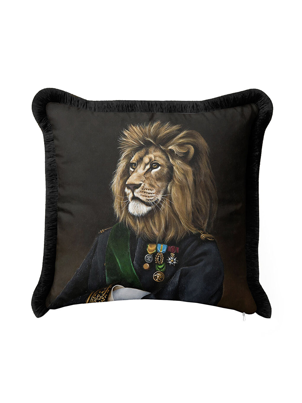 Karışık Asil Portre Saçaklı Yastık Kılıfı - Kral Aslan Bohem Siyah Altın Renkli Püsküllü Kırlent Kılıfı-3