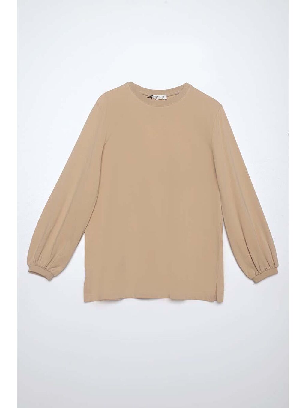 Bej Bisiklet Yaka Kol Ucu Büzgülü Pamuklu Bluz-5