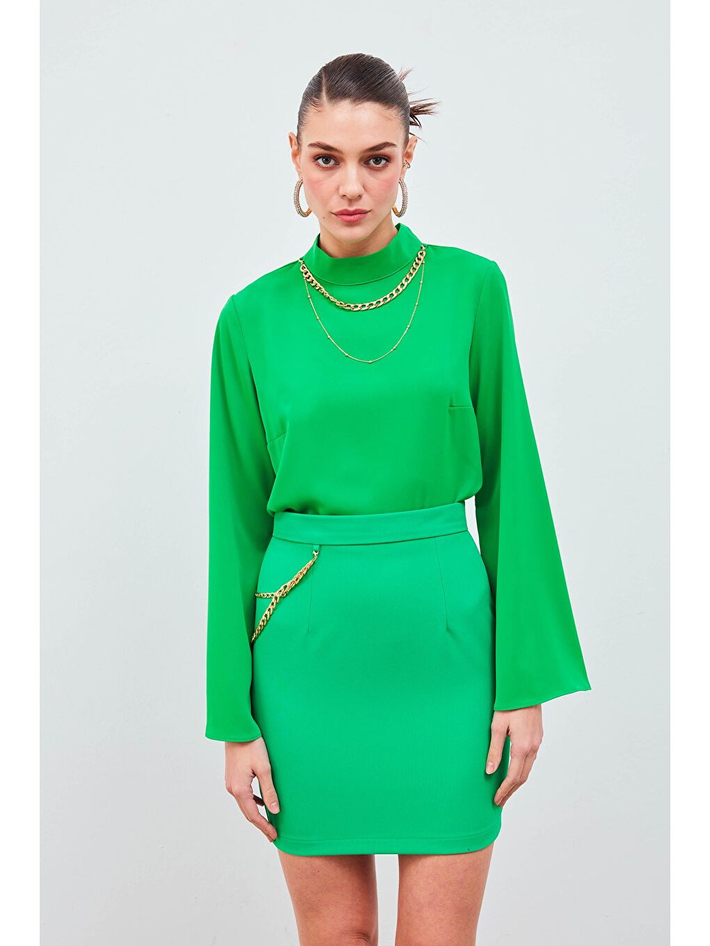 Zincir Aksesuarlı Mini Etek - Yeşil-1