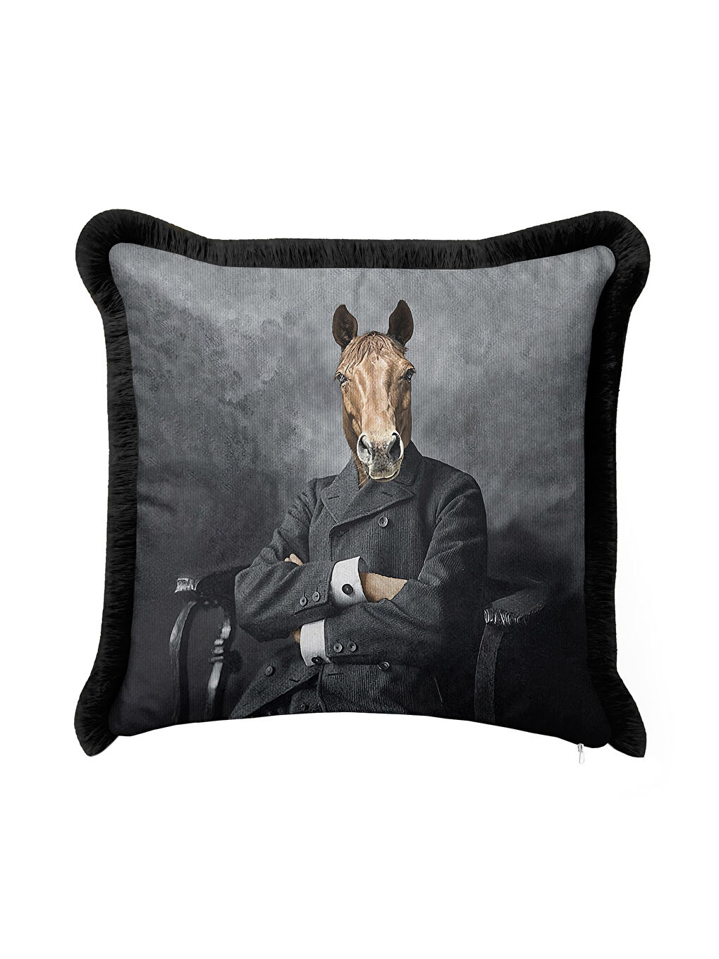 Karışık Klasik Portre Saçaklı Yastık Kılıfı - Maskülen Vizyoner Retro Gri Siyah Püsküllü Kırlent Kılıfı-2