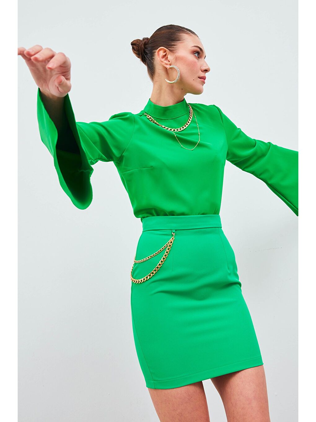 Zincir Aksesuarlı Mini Etek - Yeşil-2