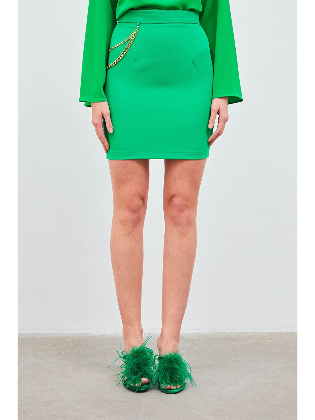 Zincir Aksesuarlı Mini Etek - Yeşil-3
