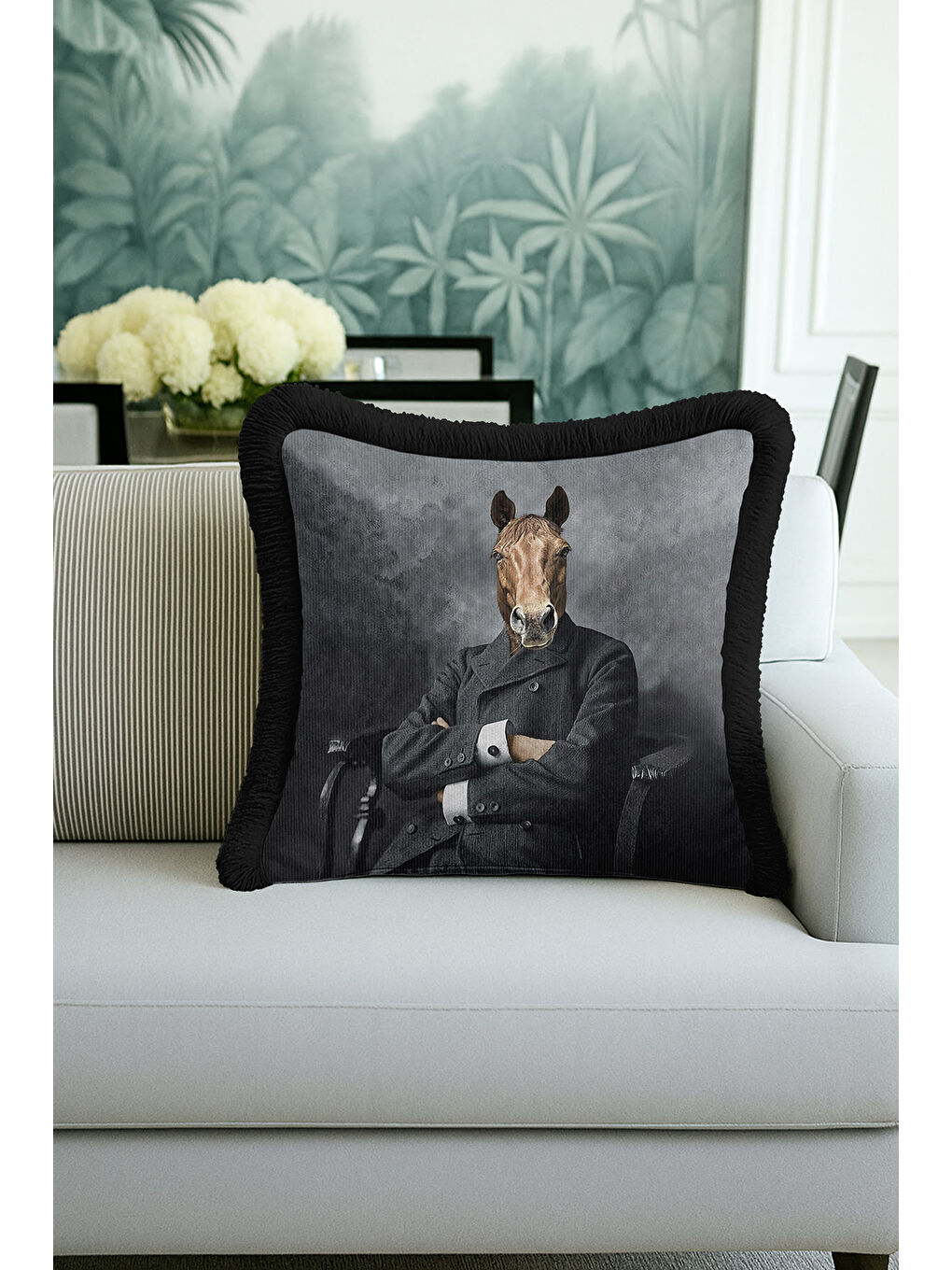 Karışık Klasik Portre Saçaklı Yastık Kılıfı - Maskülen Vizyoner Retro Gri Siyah Püsküllü Kırlent Kılıfı-3