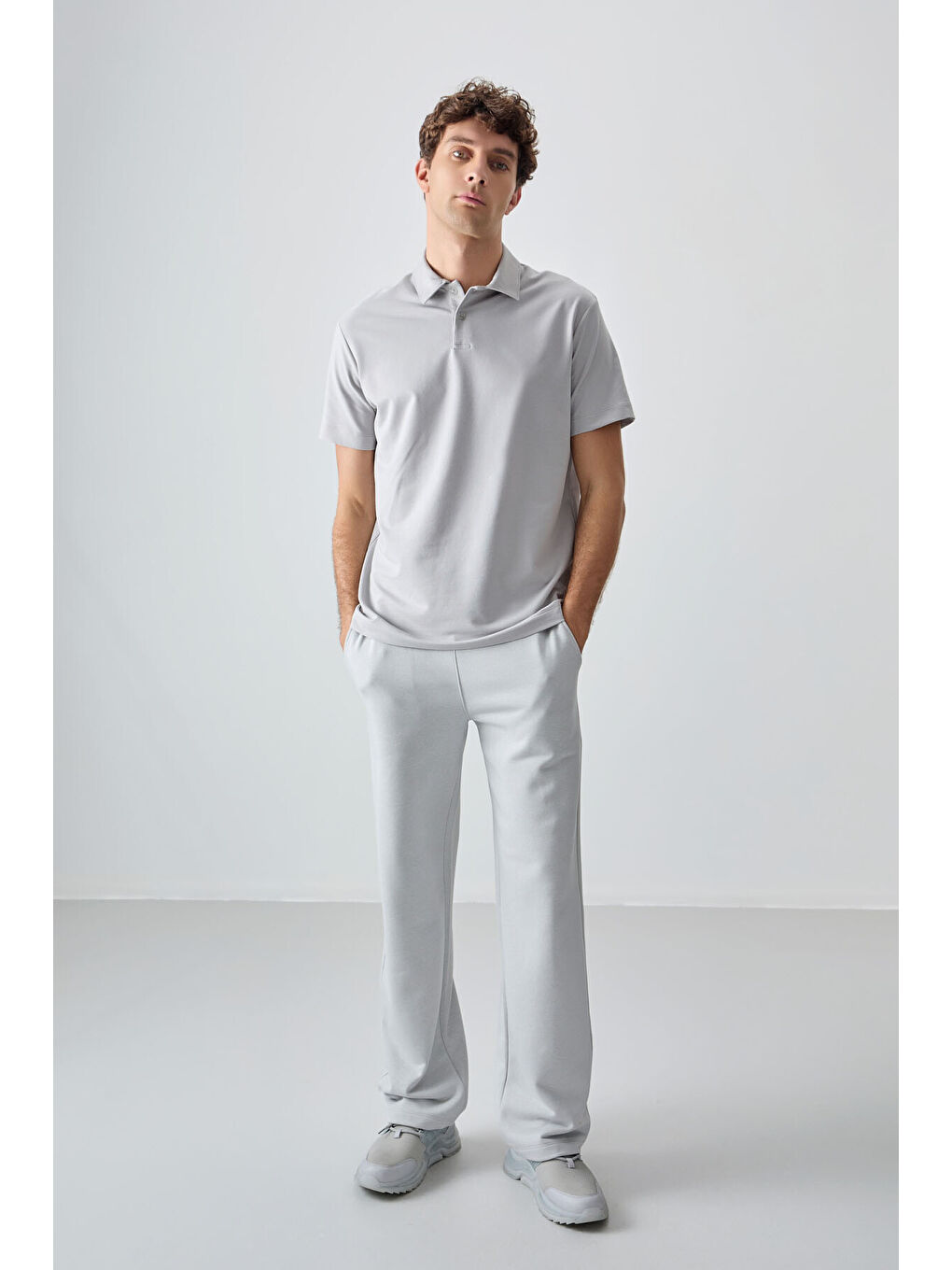 Bej Taş Pamuklu Kalın Yumuşak Dokulu Polo Yaka Oversize Fit Basic Erkek Tişört- 88381-2