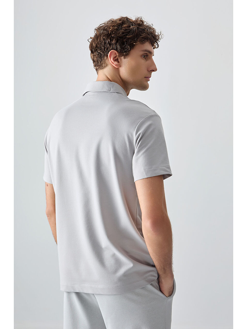 Bej Taş Pamuklu Kalın Yumuşak Dokulu Polo Yaka Oversize Fit Basic Erkek Tişört- 88381-4