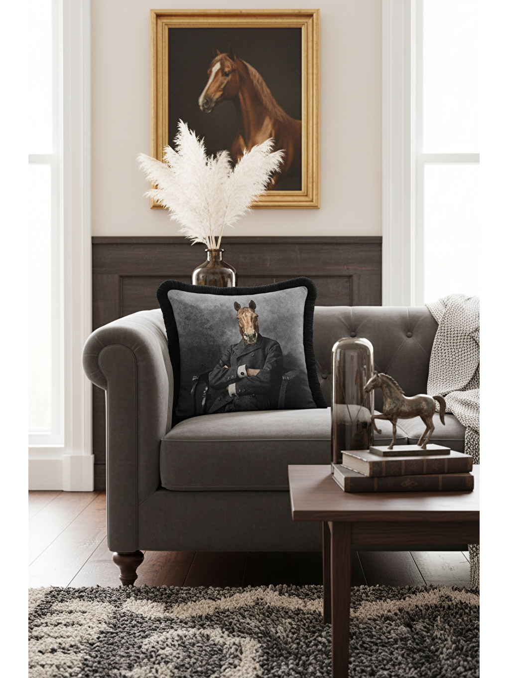 Karışık Klasik Portre Saçaklı Yastık Kılıfı - Maskülen Vizyoner Retro Gri Siyah Püsküllü Kırlent Kılıfı-4