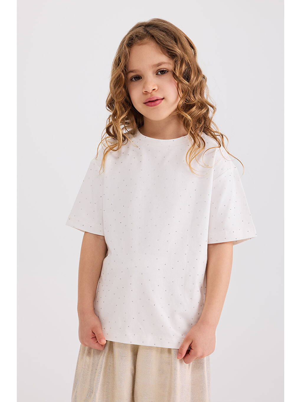 Kız Çocuk Taş Baskılı Ekru Tişört-1