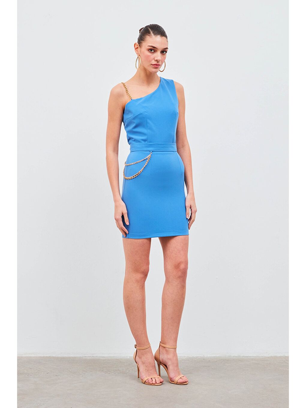 Zincir Aksesuarlı Mini Etek - Sax Mavi-1