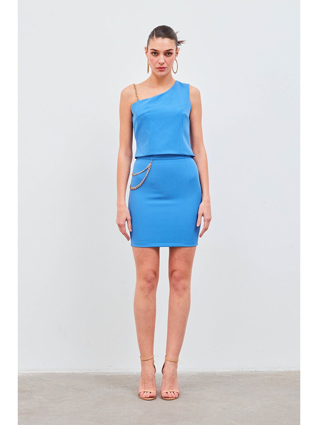 Zincir Aksesuarlı Mini Etek - Sax Mavi-2