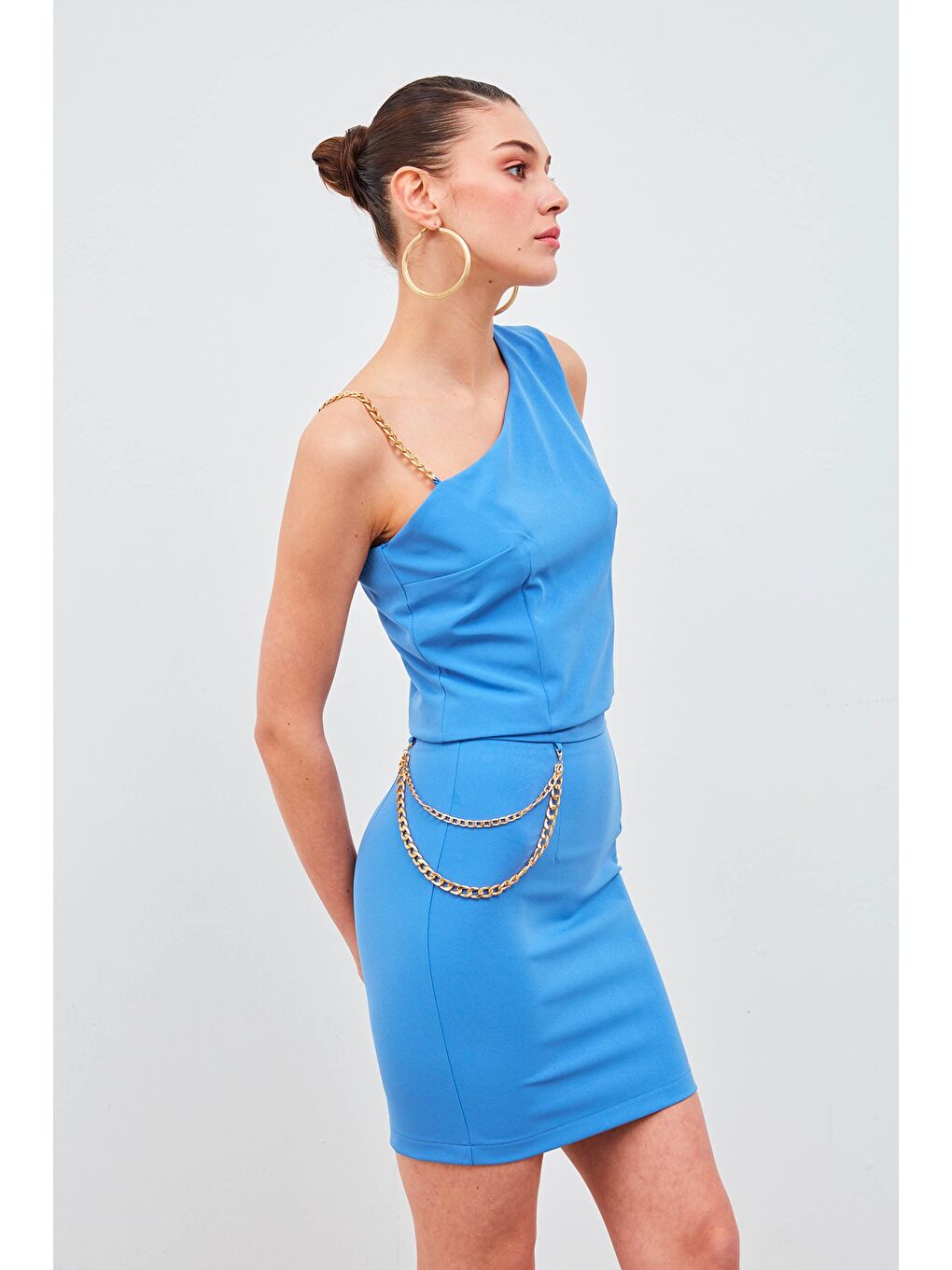 Zincir Aksesuarlı Mini Etek - Sax Mavi-3