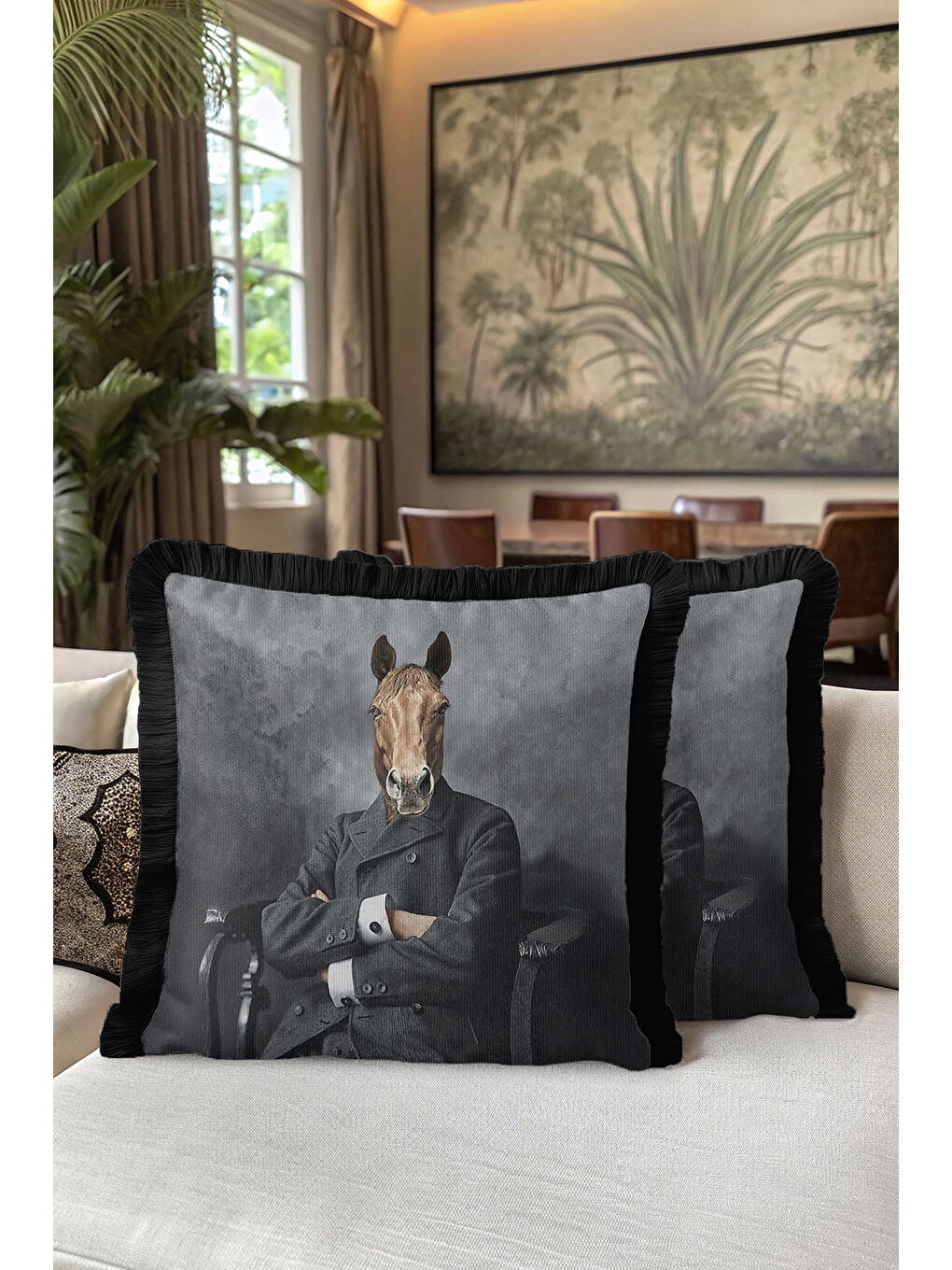 Karışık Klasik Portre Saçaklı Yastık Kılıfı - Maskülen Vizyoner Retro Gri Siyah Püsküllü Kırlent Kılıfı-5