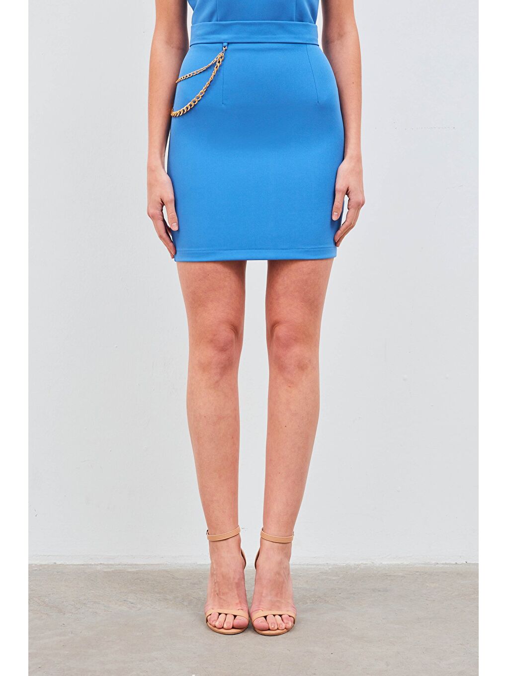 Zincir Aksesuarlı Mini Etek - Sax Mavi-5
