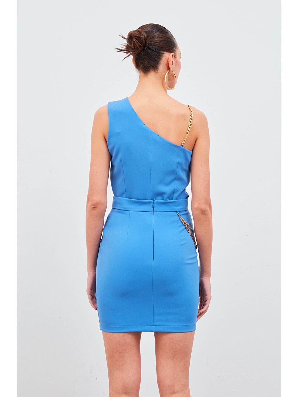 Zincir Aksesuarlı Mini Etek - Sax Mavi-6