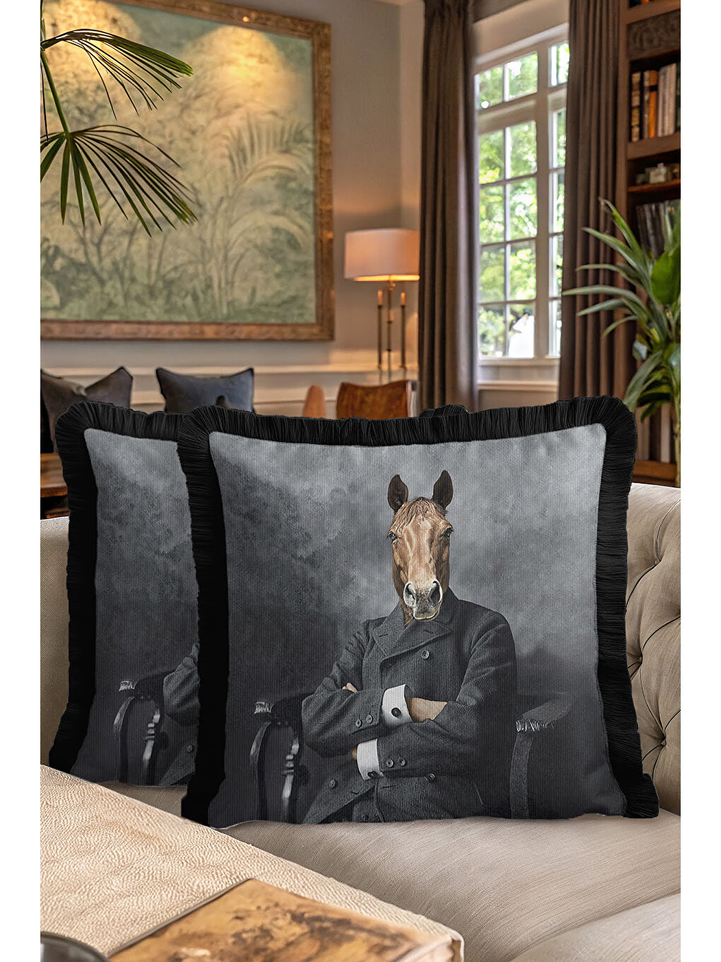 Karışık Klasik Portre Saçaklı Yastık Kılıfı - Maskülen Vizyoner Retro Gri Siyah Püsküllü Kırlent Kılıfı-7